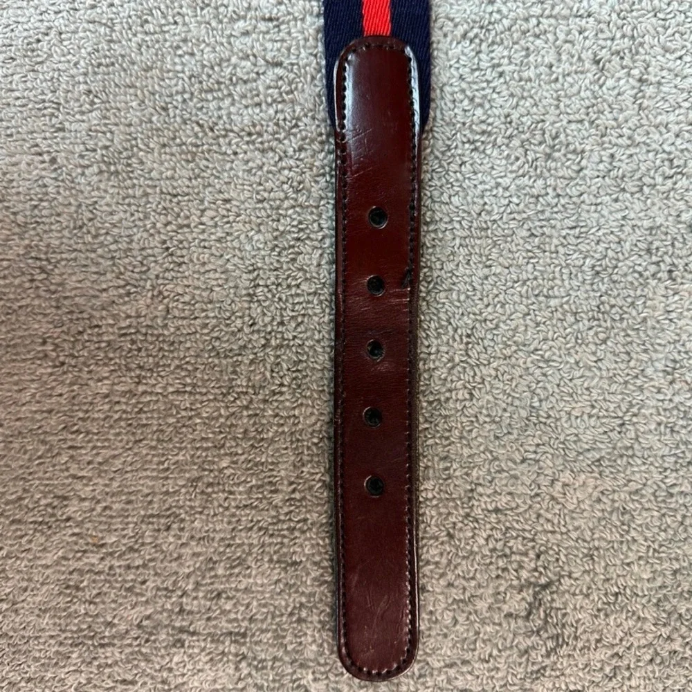Mens Navy Red Striped Canvas Leather Surcingle Belt Brass Buckle 32 58505 86